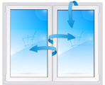 Окно с импостом, створка слева с левым открыванием, поворотно-откидная створка справа с правым открыванием